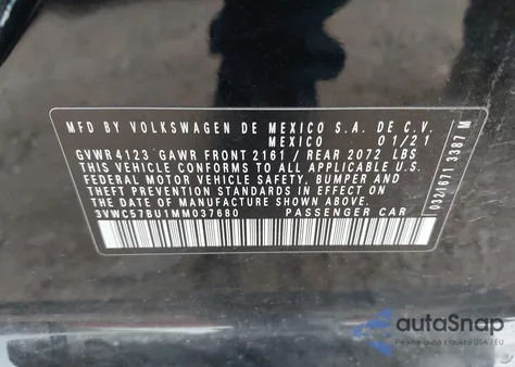 2021 Volkswagen Jetta S/Se/R-Line из США, поврежденный, VIN 3VWC57BU1MM037680